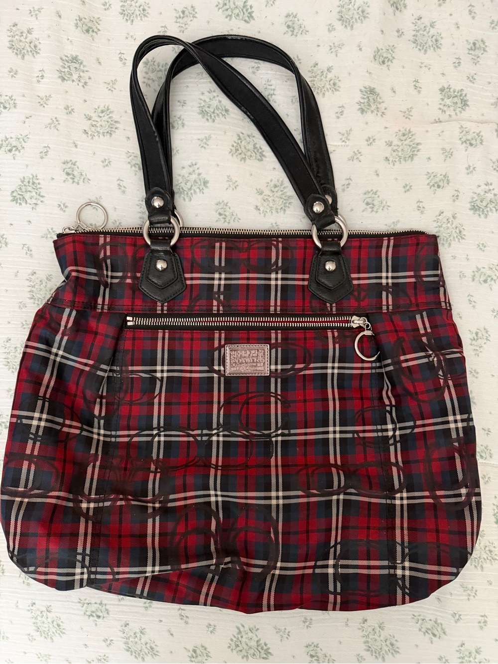 Coach Red Plaid Women's Tote Bag with Black Handles